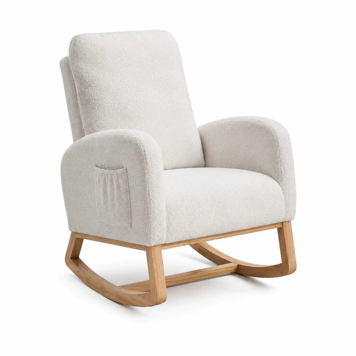 Sedia a dondolo in bouclé con base in legno