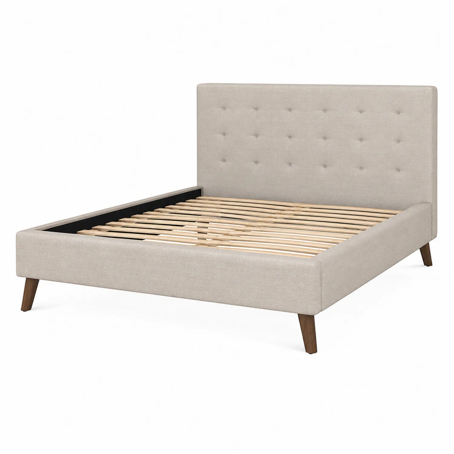 Letto matrimoniale in legno con testiera imbottita in tessuto beige