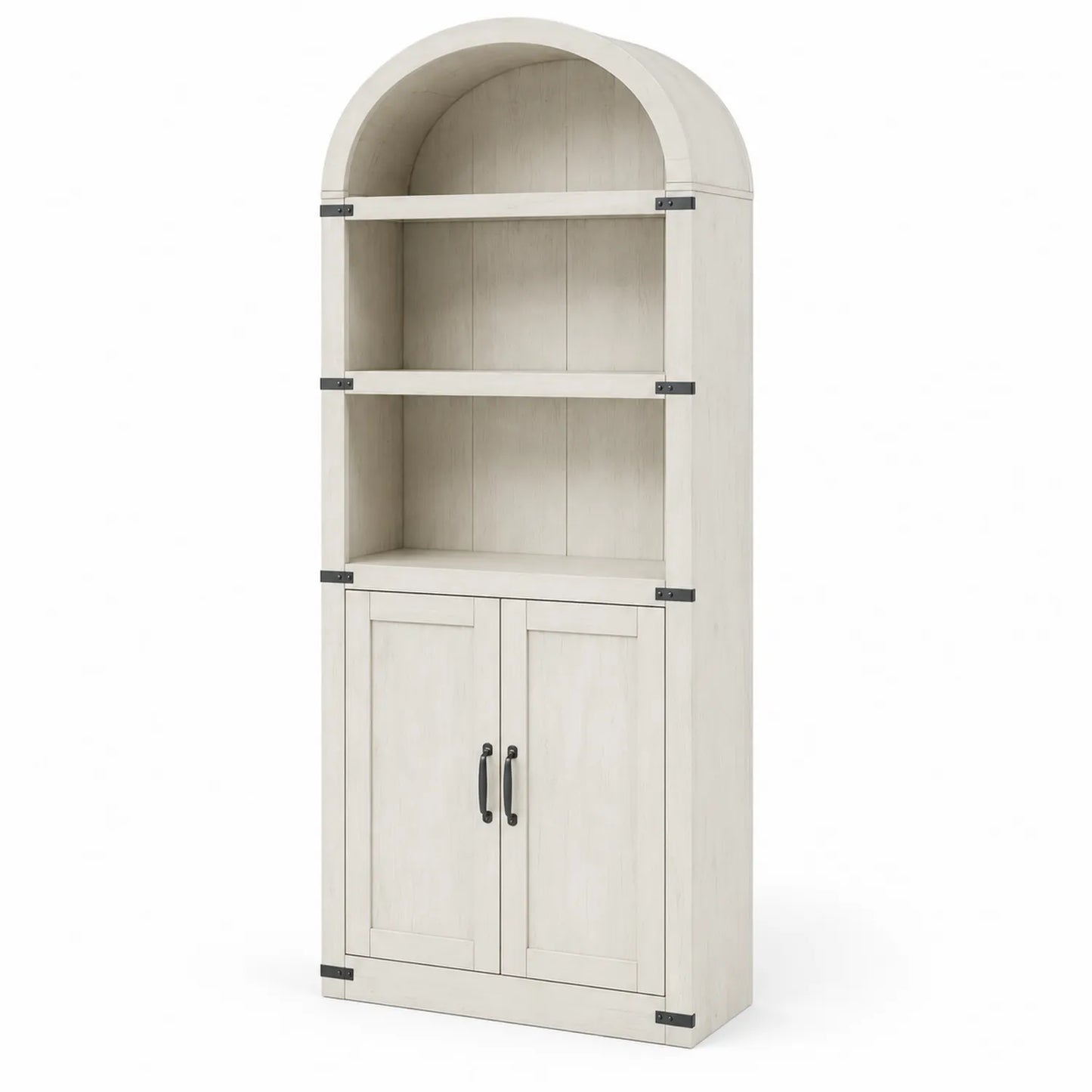 Libreria ad arco in legno bianco con ripiani e ante