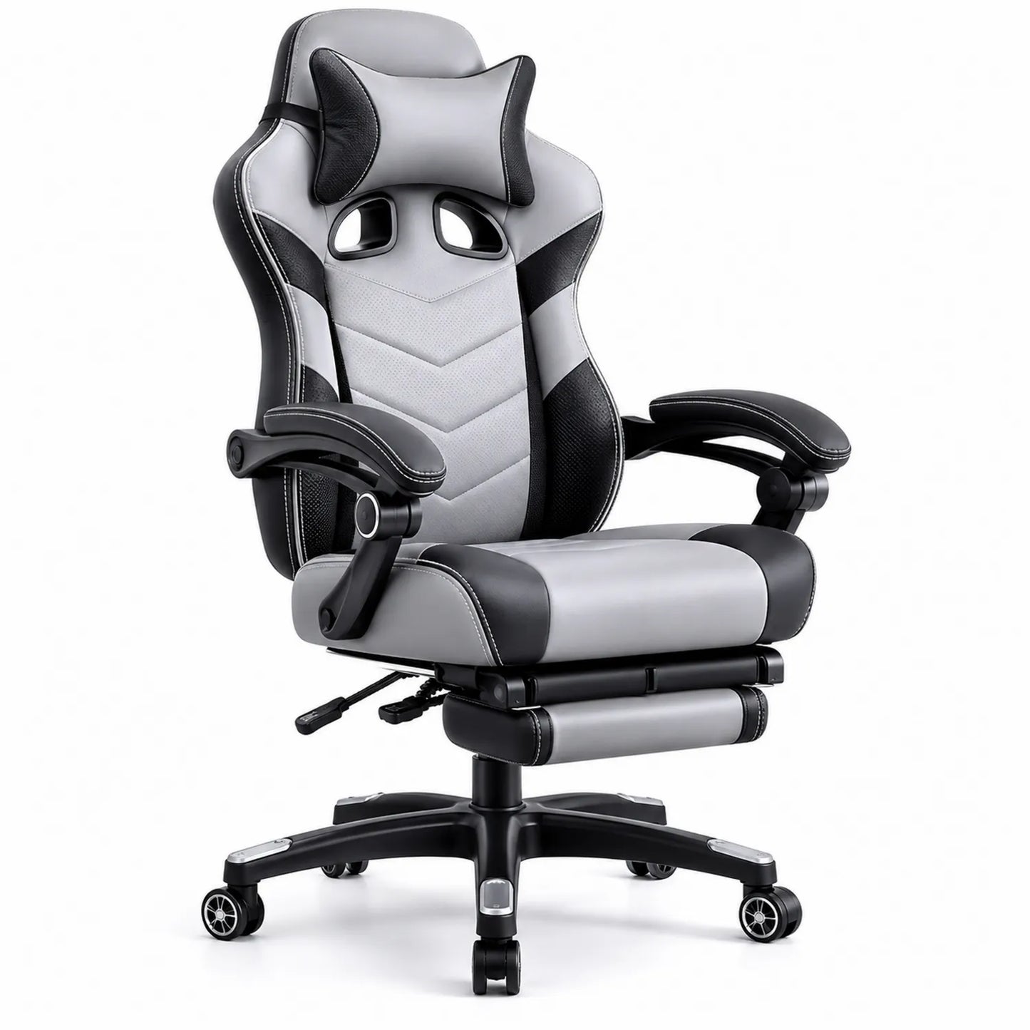 Sedia da Ufficio in Pelle PU Nero e Grigio con Poggiapiedi