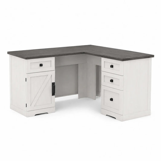 Scrivania Angolare in MDF Bianco e Grigio con Cassetti