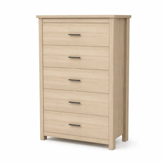 Cassettiera Alta in Legno Chiaro con 5 Cassetti