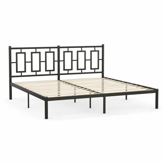 Letto Matrimoniale in Metallo Nero con Doghe in Legno di Betulla 160x200 cm