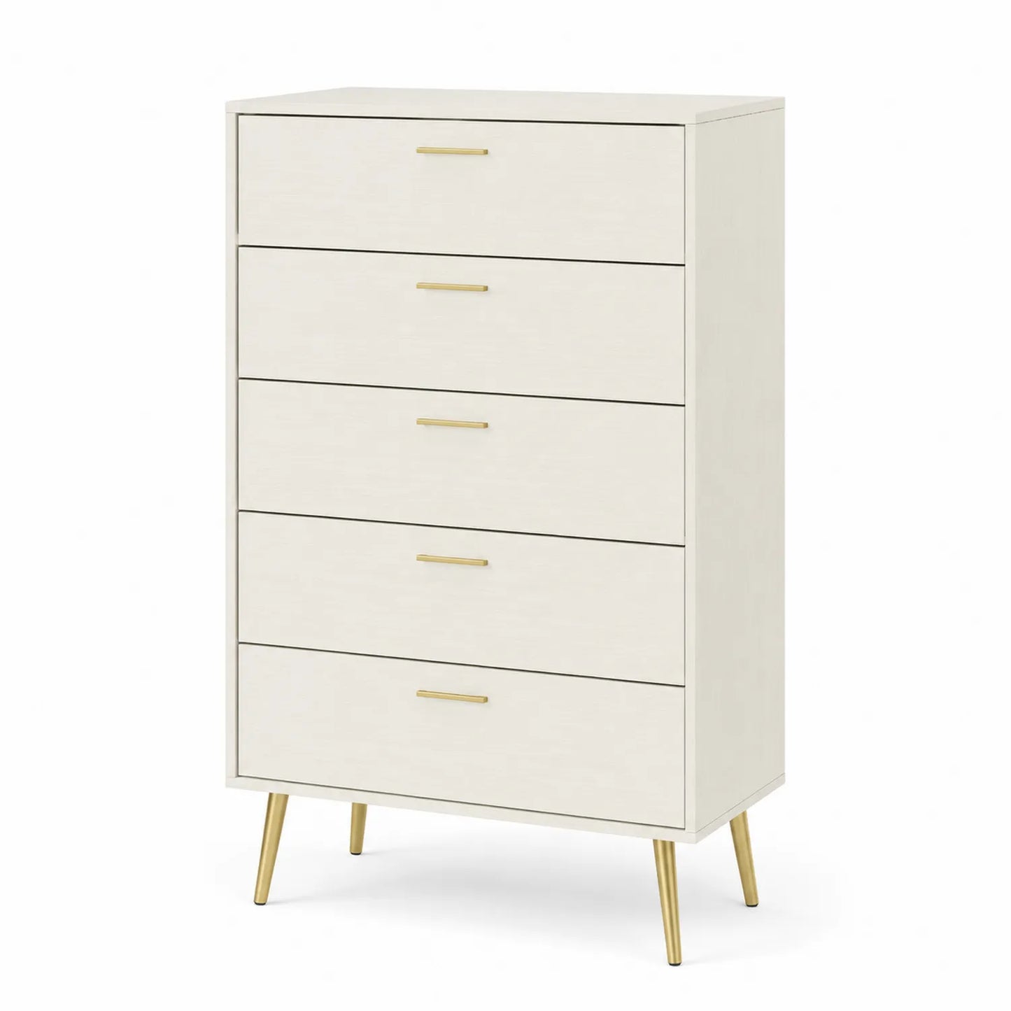 Cassettiera in Legno MDF a 5 Cassetti con Gambe in Metallo, Colore Avorio