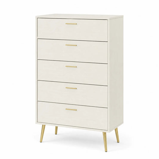 Cassettiera in Legno MDF a 5 Cassetti con Gambe in Metallo, Colore Avorio