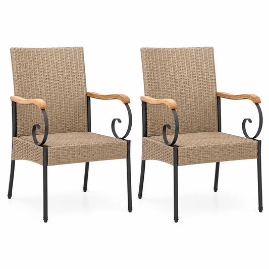 Set di 2 Sedie da Esterno in Rattan con Braccioli in Legno e Struttura in Ferro