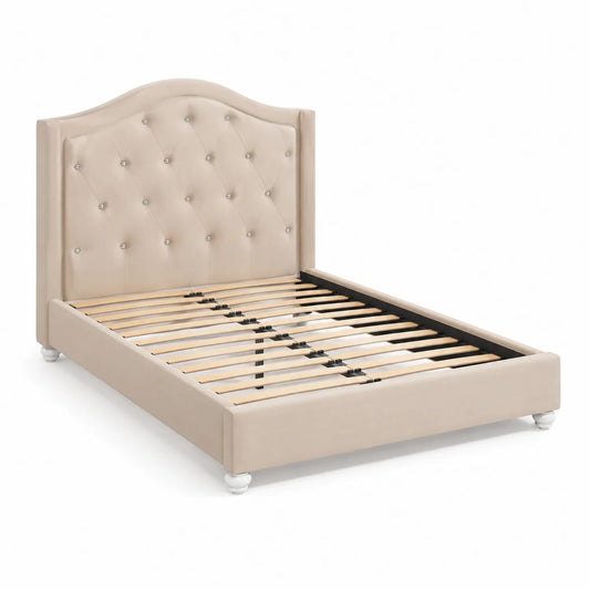 Letto imbottito con testiera in tessuto e doghe in legno, 200x160 cm