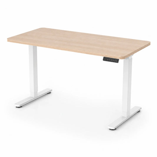Scrivania regolabile in altezza con piano in legno MDF e gambe in metallo bianco