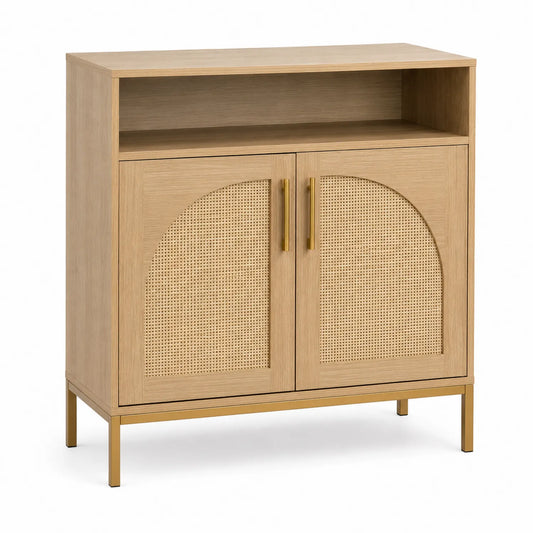 Credenza in legno e metallo con ante in rattan