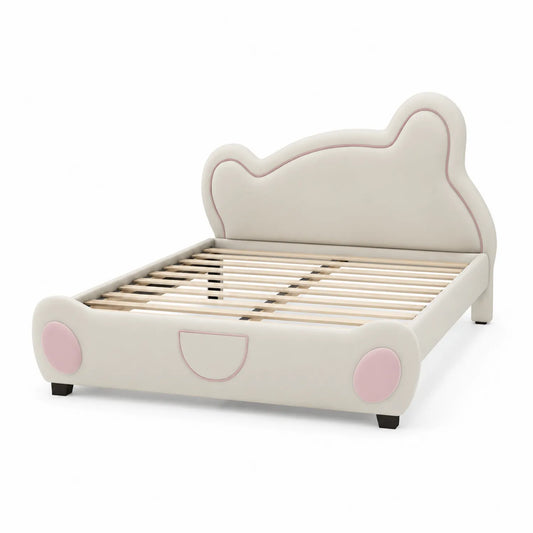 Letto per bambini con testiera a forma di orso in legno e rivestimento in PU bianco e rosa 200x90 cm
