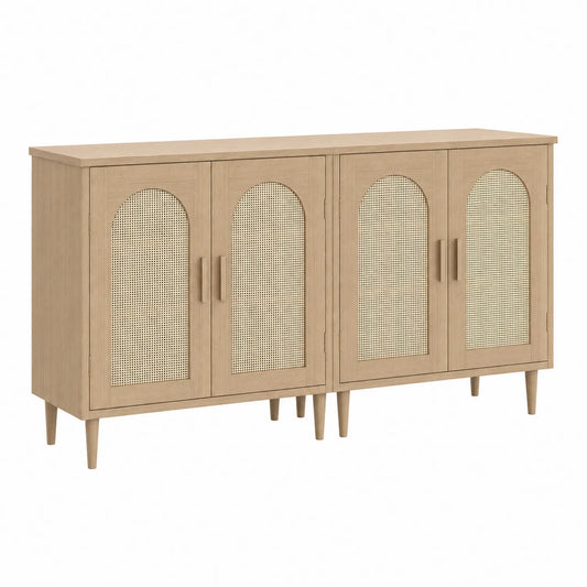 Credenza in Legno Chiaro e Rattan con 4 Ante, 150x40x85 cm