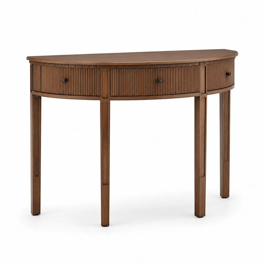 Tavolo consolle legno massello semicircolare con cassetti color noce