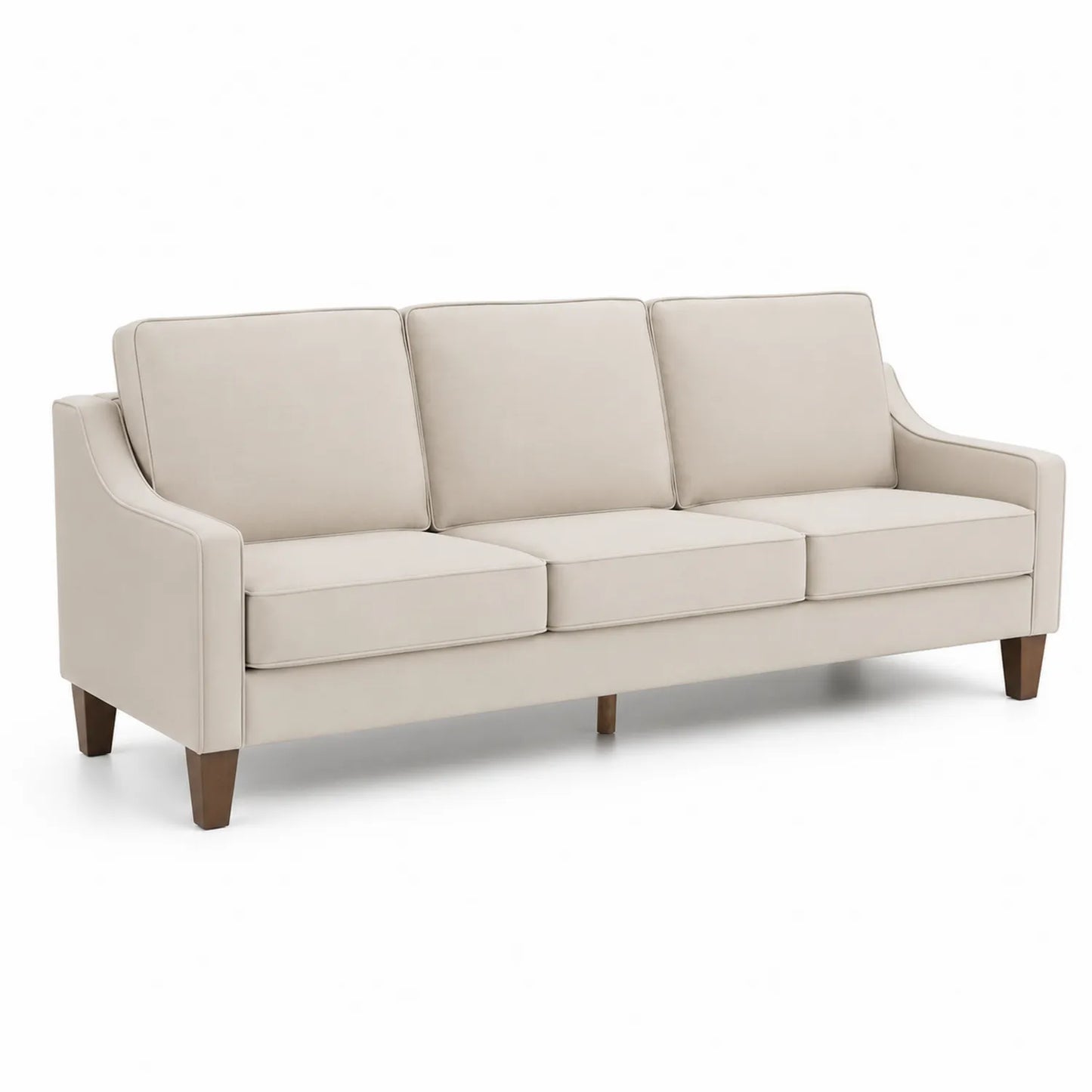 Divano a 3 posti in tessuto beige con gambe in legno massello