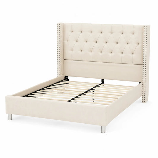 Letto matrimoniale in pelle sintetica beige con testiera trapuntata