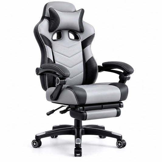 Sedia da Ufficio in Pelle PU Nero e Grigio con Poggiapiedi