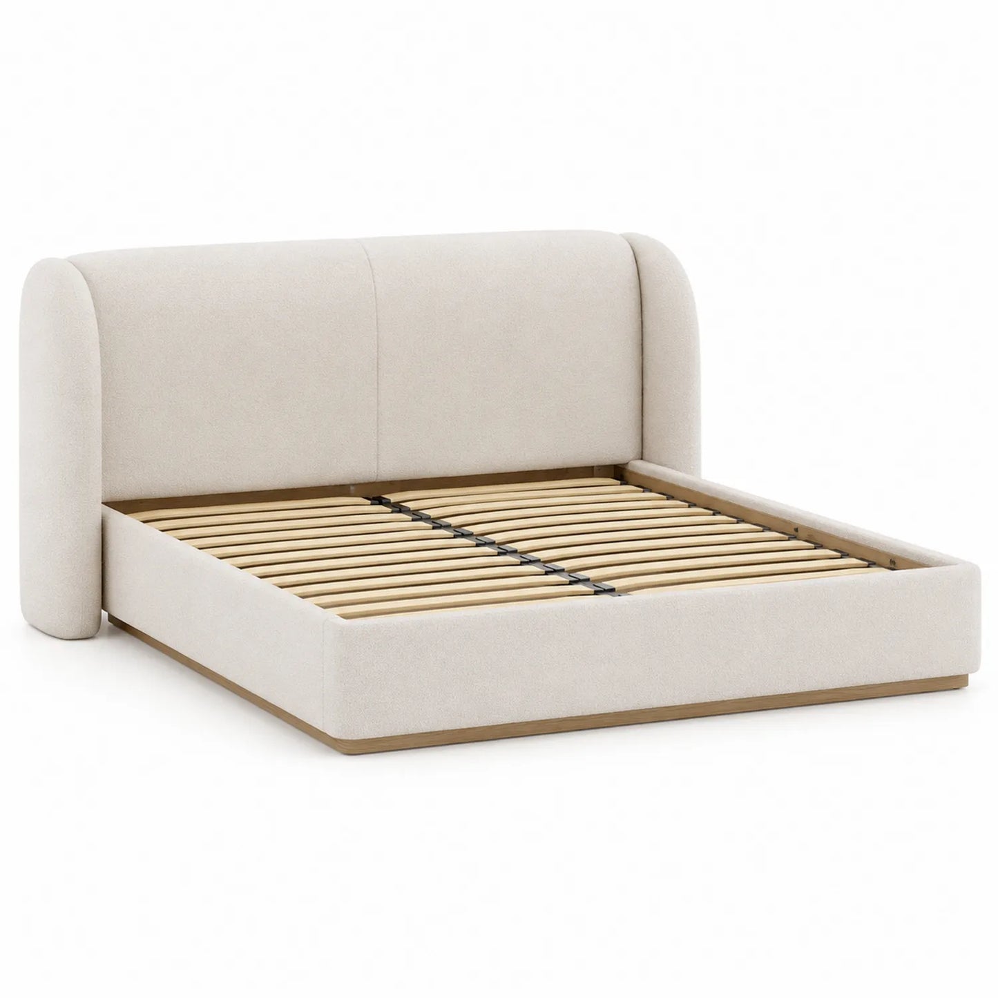 Letto matrimoniale in legno e tessuto beige