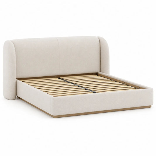 Letto matrimoniale in legno e tessuto beige
