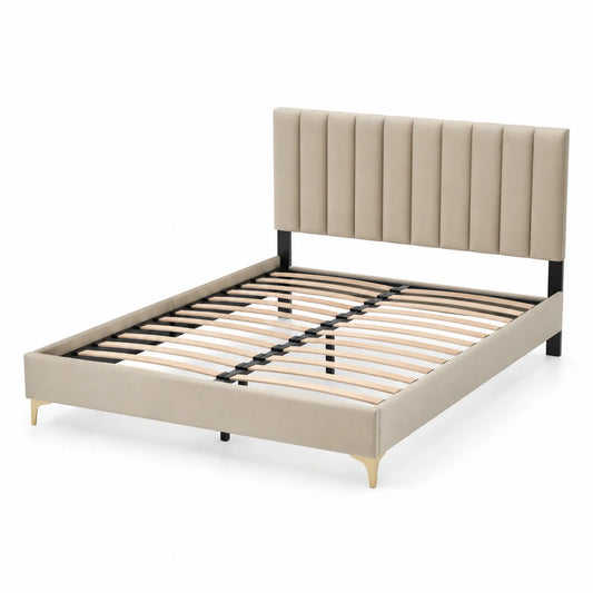 Letto matrimoniale in legno con testiera imbottita in tessuto