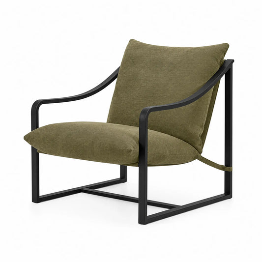 Poltrona in Tessuto a Coste Verde Oliva con Struttura in Metallo Nero