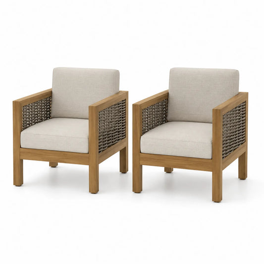Set di 2 sedie da esterno in legno e rattan con cuscini in poliestere