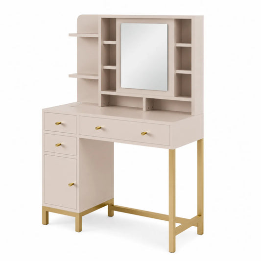 Toeletta in Legno Composito Beige con Specchio e Gambe in Metallo Oro