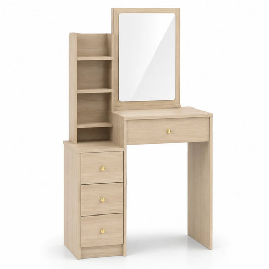 Toeletta in Legno MDF con Specchio, Cassetti e Mensole