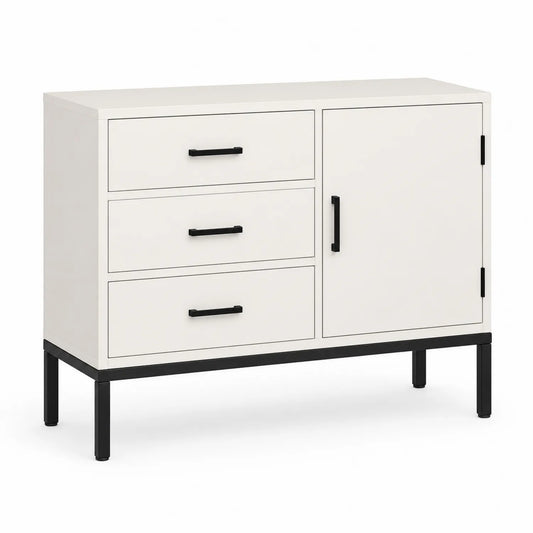Credenza bianca con cassetti e anta in MDF e metallo 100x40x80 cm