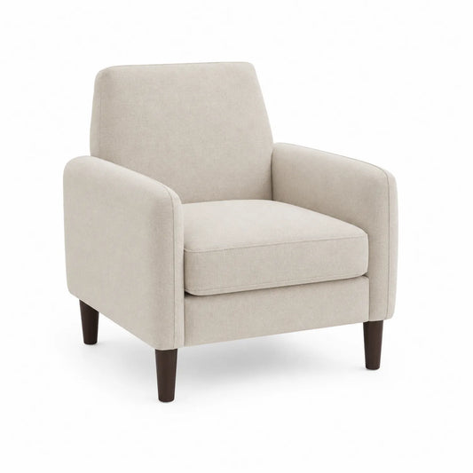 Poltrona in tessuto beige con gambe in legno massello