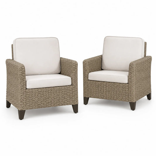 Set di 2 Poltrone da Esterno in Rattan con Cuscini in Poliestere Beige