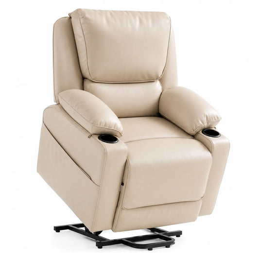 Poltrona Recliner Elettrica in Pelle Sintetica Beige con Portabicchieri