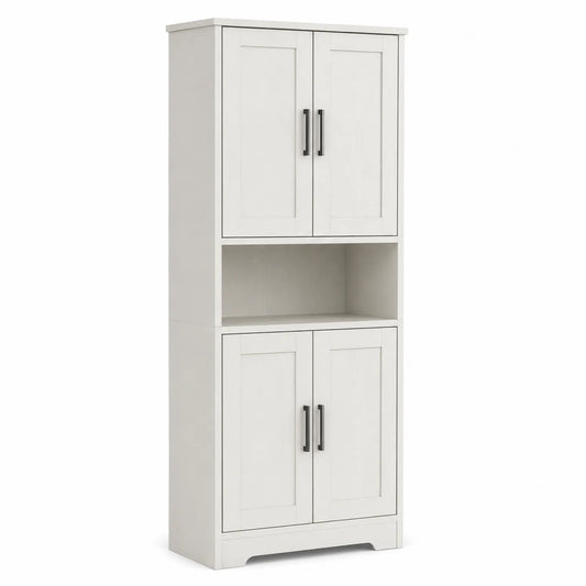 Credenza alta in legno ingegnerizzato bianco con 4 ante e vano aperto